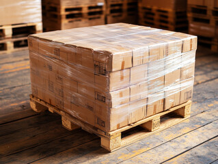 Warehouse pallet loaded with cardboard boxes in storage area