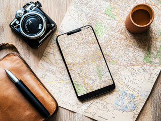 Exploring travel essentials with vintage camera, smartphone, and map