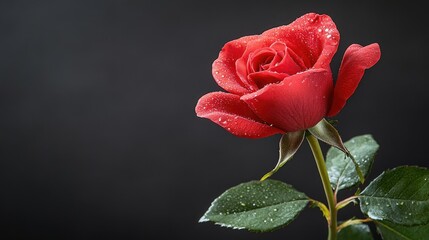 Obraz premium Beautiful red rose with water droplets surrounded by dark background adds elegance to any setting during early morning light