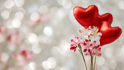Obraz premium Romantic Valentines Day Bouquet with Red Heart Balloons and Alstroemeria Flowers