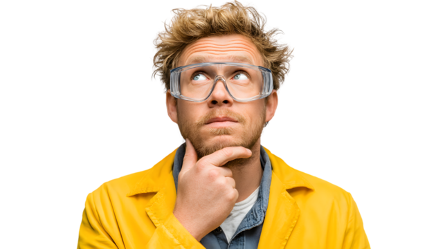 Scientist in Protective Goggles Thinking Deeply About an Experiment or Discovery Ideal for Sci