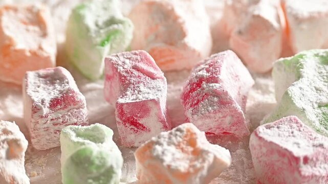 Traditional Turkish sweets, different types of lokum on kitchen paper

