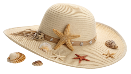 A sun-kissed straw hat adorned with starfish and seashells, whispering tales of seaside adventures and summer breezes against a bright white backdrop.