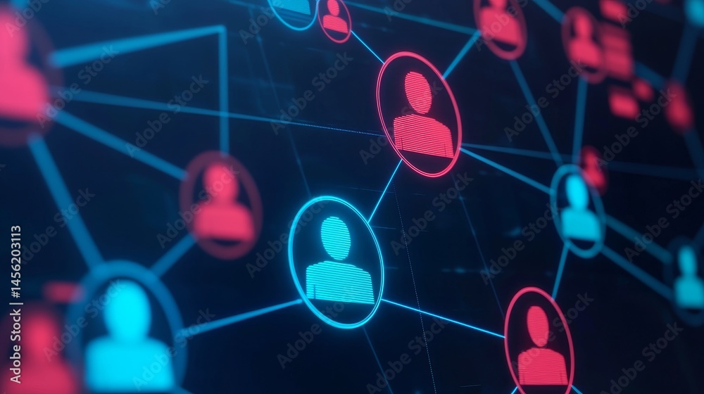 Poster digital network connections with user icons in blue and red hues. virtual teams workflow concept.