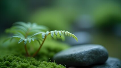 Close-up of a Small Fern Growing on Moss with Stones, Minimal Still Life, Bright, Green, Serene, Detailed