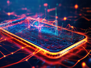 Fototapeta premium Digital technology visualization showcasing data flow in a smartphone
