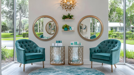 Sophisticated spa waiting area with turquoise armchairs and circular mirrors