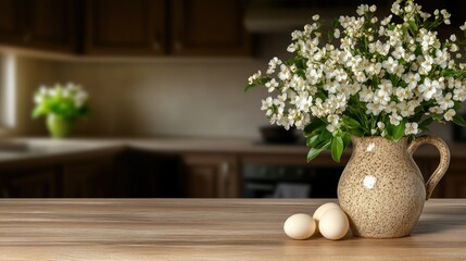 Fototapeta premium The cheerful kitchen is adorned with vibrant fresh flowers in a lovely vase, while a collection of eggs sits on a rustic wooden table, all illuminated by the warm glow of a sunny afternoon