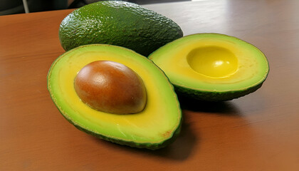Ripe Avocados Cut in Half on Brown Surface