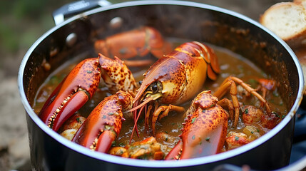 Steaming pot of crawfish ?touff?e, a flavorful, delicious seafood culinary masterpiece