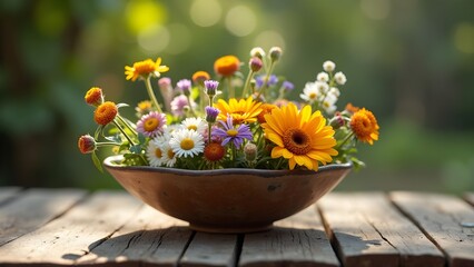 Colorful Flower Arrangement with Daisies and Marigolds in Rustic Bowl on Wooden Table