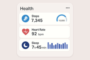 Bright health app interface with steps, heart rate, and sleep stats.