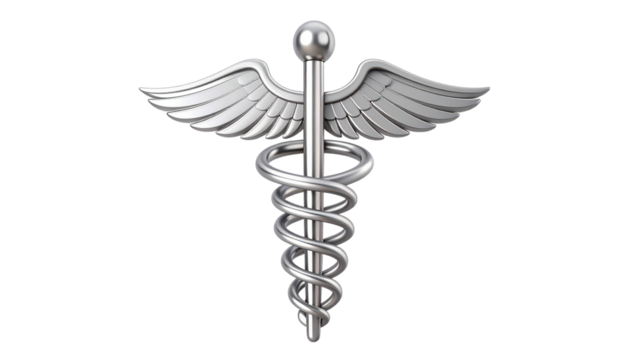 Silver Asclepius symbol isolated on solid white background in Png format