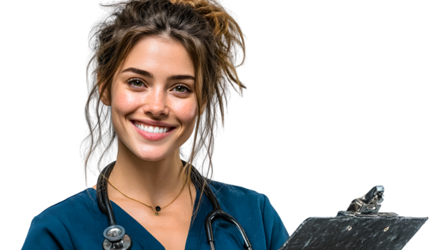 Smiling female healthcare professional with stethoscope and clipboard