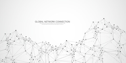 Global network connection idea template. Abstract tech network connection dots. Digital technology and big data analysis background with plexus lines. Geometric background with abstract mesh