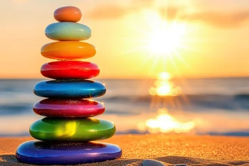Photo sur Plexiglas Colorful stones stacked on beach at sunrise