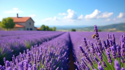 Obraz premium Bumblebee on Lavender Flowers in a Scenic Purple Field in Provence Landscape. Summer Countryside Floral View