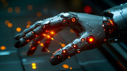 Robotic Hand with Glowing Orange Accents on Dark Background
