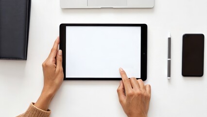A person’s hands interact with a tablet on a clean workspace, accompanied by a smartphone and a pen, suggesting a tech-savvy environment.