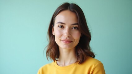 Young woman. Smiling face. Light makeup. Casual clothes. Blue background. Portrait photography. Lifestyle image. Positive emotion. Natural lighting. Creative idea. Friendly vibe. Professional look. D