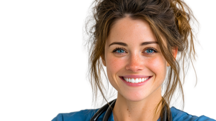 Smiling woman with blue eyes and freckles healthcare professional portrait