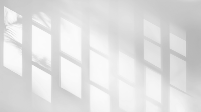 Abstract shadow of leaves on transparent background with soft light through window blinds, window shade. Mockup of transparent shadow overlay. Gray shadow on isolated background. Sun light backdrop