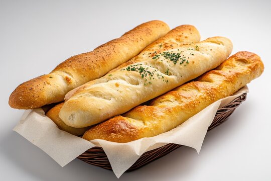 Freshly baked breadsticks served in a woven basket with herbs on a plain background for a delightful culinary experience