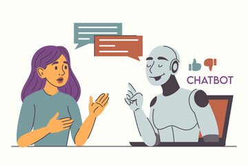 AI chatbot vector isolated. Woman talking to a robot. Modern technology, artificial intelligence answers all questions.