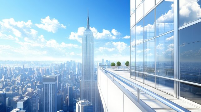 Modern cityscape view with skyscrapers and panoramic skydeck showcasing urban architecture and city skyline vista on bright sunny day