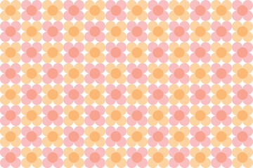 Cheerful repeat pattern of stylized flowers in soft pink and warm orange hues on a white background. Playful and bright.