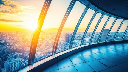 Fototapeta premium Panoramic vista from futuristic tower overlooking urban landscape at sunset showcases skyline and architectural design innovation