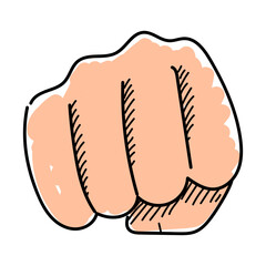Doodle fist towards screen vector isolated. Hand-drawn fist, clenched fingers. Concept of protest. Front view of fist.