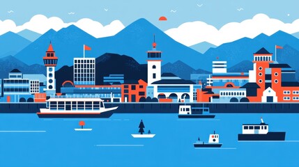 Obraz premium Vibrant Pixel Art Cityscape a Detailed 8-bit Coastal Town with Mountains and Boats offering a nostalgia journey background