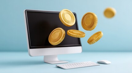 Gold coins floating out from a computer or laptop screen represent generating income through online business. Making money online or through freelance work.
