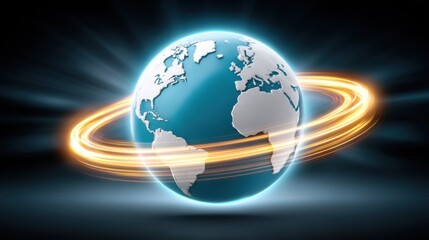 The connection of internet network signals and global access to technology. The advancement of telecommunications and AI. Central digital circle web connecting world regions.