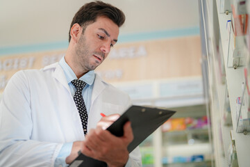 Fototapeta premium man pharmacist checks and arranges medicines on pharmacy shelves, emphasizing precision and responsibility in healthcare services. The scene highlights the daily operations in a modern pharmacy.
