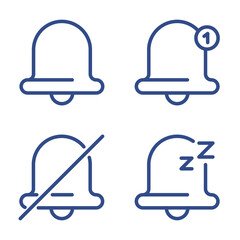 Notification icon set vector isolated. Collection of simple line system icons. Bell pictogram, sound on and off, unread message.