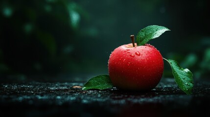 An eye-catching image of a red apple resting on a dark surface, adorned with shimmering raindrops, symbolizing freshness, vitality, and nature's beauty in its purest form.