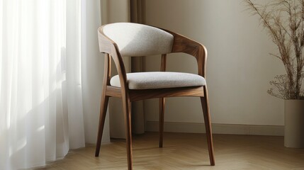 Modern wooden chair with light fabric upholstery