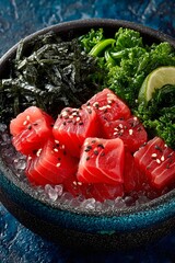 Savory Sushi Bowl: A visually appealing close-up showcases a gourmet sushi bowl, brimming with fresh, vibrant ingredients. Cubed tuna, crisp nori seaweed, verdant kale.