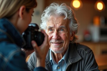 Elderly man. Senior man with gray hair smiling, young woman photograph