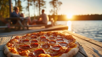 A mouth-watering pepperoni pizza sits on a wooden table, with a stunning sunset and scenic lake in the background, creating a perfect atmosphere for a delightful meal.