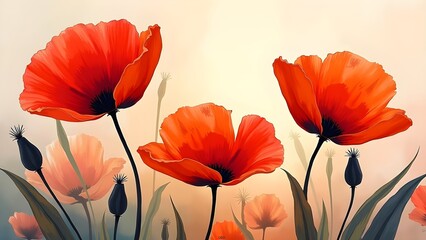 Obraz premium Vibrant Poppies: A Floral Symphony in Red and Orange, Botanical Illustration, Decorative and Artistic