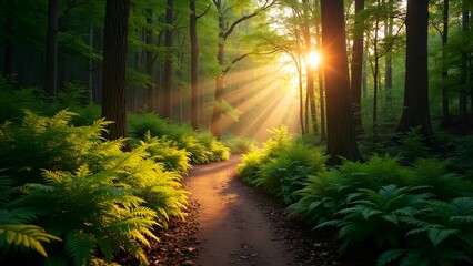 Obraz premium Sunlit Forest Trail: A Scenic Path Through Lush Greenery in a Tranquil Woodland Landscape