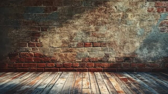 Old brick wall and rustic wooden floor with light and shadow background texture