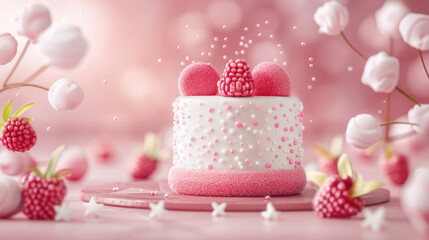 Delightful pink cake adorned with raspberries and marshmallows, perfect for celebrations