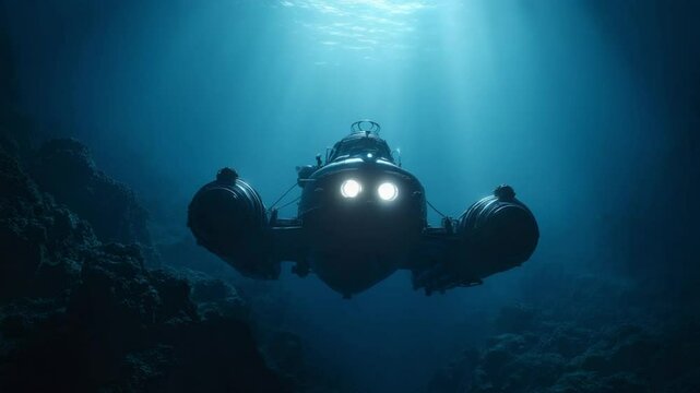 Deep-sea exploration vehicle navigating through dark ocean depths with sunlight filtering down