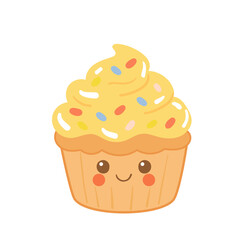 Cute flat style birthday cupcake with happy face. Yellow icing and rainbow sprinkles. Fun cartoon dessert illustration for children’s party, greeting cards and festive decor.