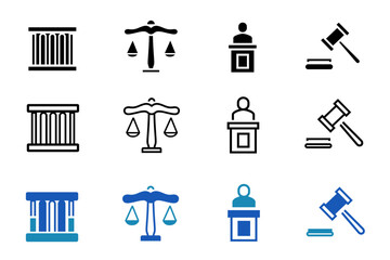 Justice and law solid line vector icon set. Icons related to capture, arrest, imprisonment, authority, evidence, criminal, jail, justice, judge, sinful, legal, jury, defense, verdict, punishment etc. 