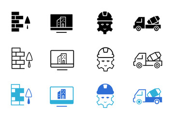Engineering line solid vector icon set. Icons related to Worker, prototyping, planning, chemical, architect, blueprint, tools, machinery, engine, design, project, production and construction. 